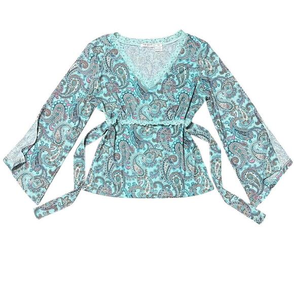 VTG Y2K Red Paint Tee Aqua Blue Paisley Pattern Lace Trim Bell Sleeve Fairy Top - Picture 1 of 8